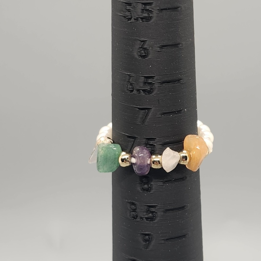Beaded Stretch Ring Size 7.5 Faux Pearl Multi Gemstone Gold Tone Boho Fashion